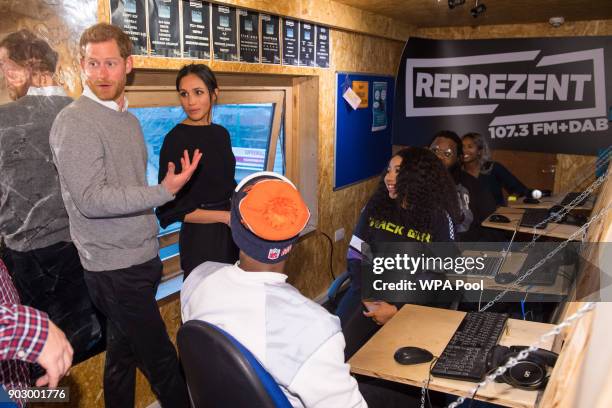 Prince Harry and Meghan Markle visit Reprezent 107.3FM in Pop Brixton on January 9, 2018 in London, England. The Reprezent training programme was...