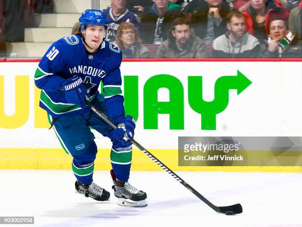 Markus Granlund of the Vancouver Canucks skates up ice with the puck during their NHL game against the Anaheim Ducks at Rogers Arena January 2, 2018...