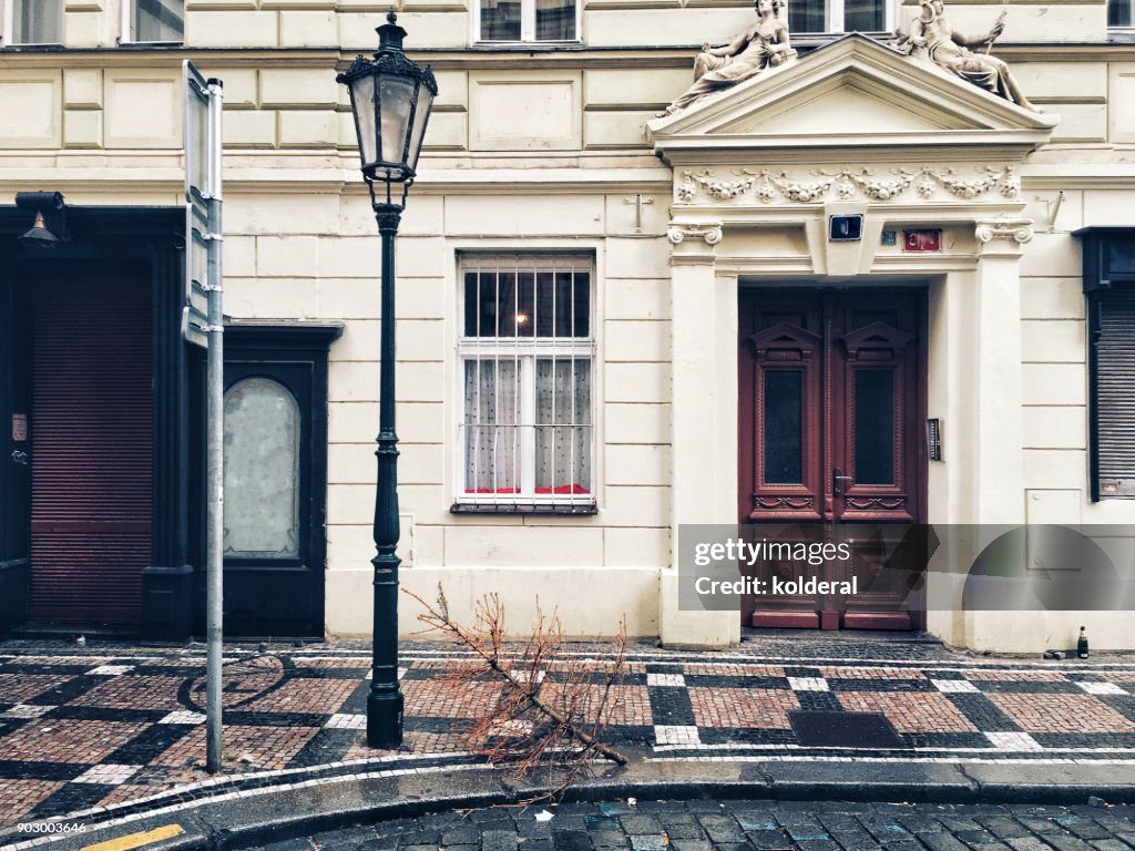 Cobblestone street  in Prague old city historic center