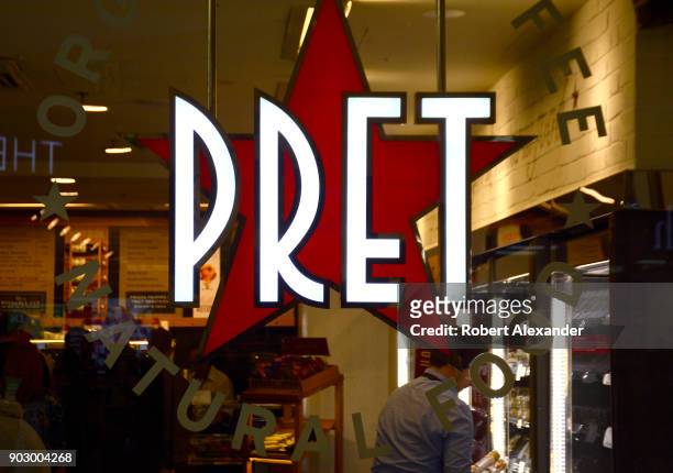 Pret a Manger food shop in London Victoria station in London, England. The international sandwich and coffee shop chain based in the United Kingdom...