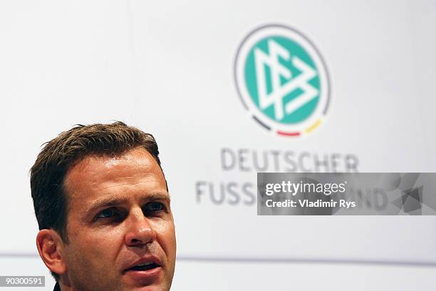 Manger Oliver Bierhoff attends the German Football National Team press conference at the Guerzenich Koeln on September 2, 2009 in Cologne, Germany.