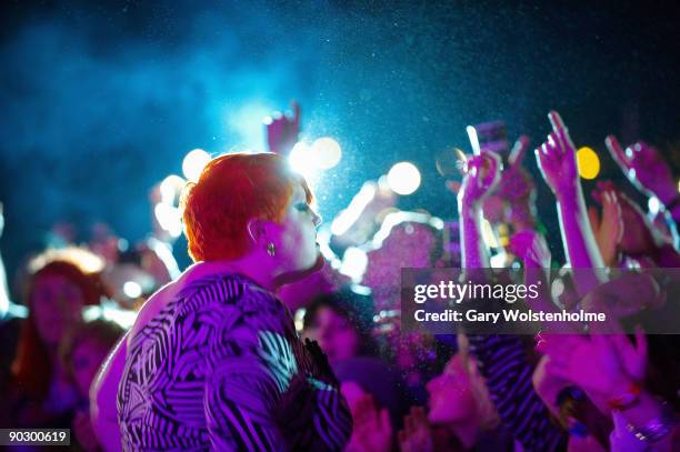 Beth Ditto of Gossip performs on stage on the first day of Leeds Festival at Bramham Park on August 28, 2009 in Leeds, England.