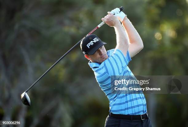 Martin Piller of the United States plays a shot during practice rounds prior to the Sony Open In Hawaii at Waialae Country Club on January 9, 2018 in...