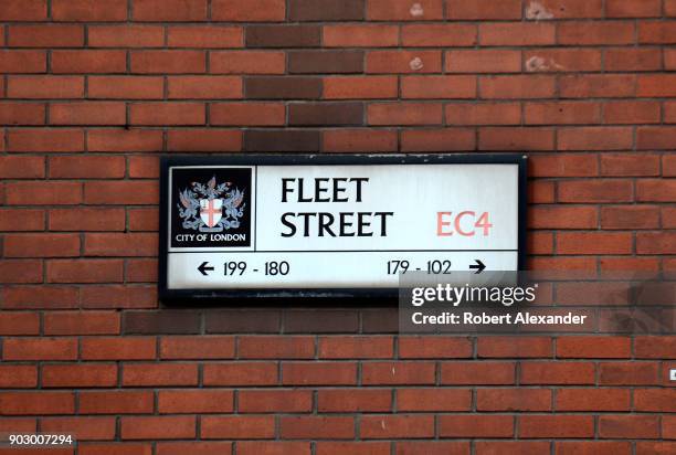 Street sign identifies Fleet Street, a major street in the City of London. Fleet Street became known for printing and publishing in the 16th century...