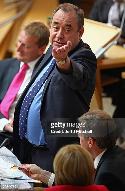 Scottish First Minister Alex Salmond, talks during the debate on the handling of the release of the terminally ill Lockerbie bomber, at the Scottish...