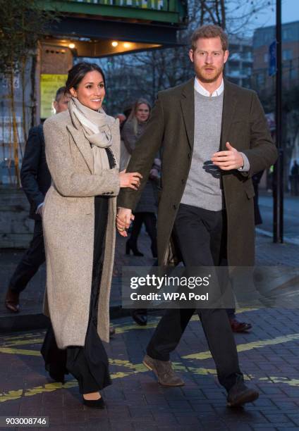 Prince Harry and Meghan Markle leave after visiting Reprezent 107.3FM on January 9, 2018 in London, England. The Reprezent training programme was...