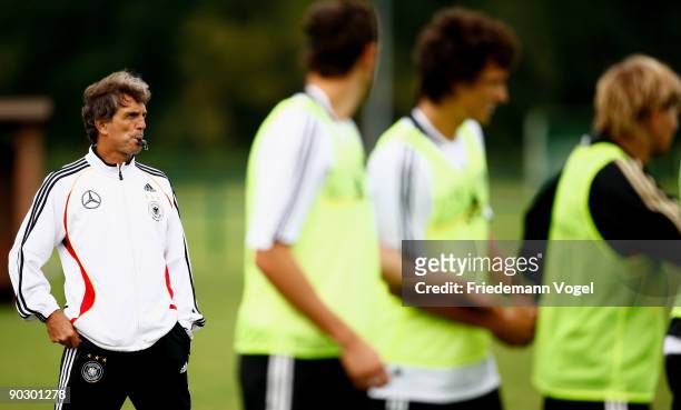 Coach Rainer Adrion of Germany gives instrucions to his players during the U21 Germany training session on September 2, 2009 in Vaals, Netherlands.