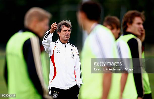 Coach Rainer Adrion of Germany gives advise to his players during the U21 Germany training session on September 2, 2009 in Vaals, Netherlands.