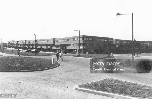 Residential street in the New Town of Milton Keynes, still under construction in Buckinghamshire, October 1978.