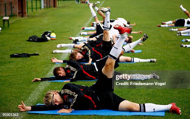 The team warms up during the U21 Germany training session on September 2, 2009 in Vaals, Netherlands.