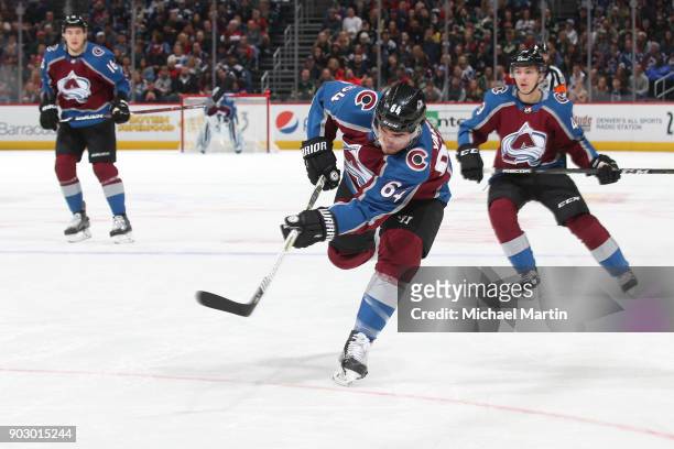 Nail Yakupov of the Colorado Avalanche shoots against the Minnesota Wild at the Pepsi Center on January 6, 2018 in Denver, Colorado. The Avalanche...