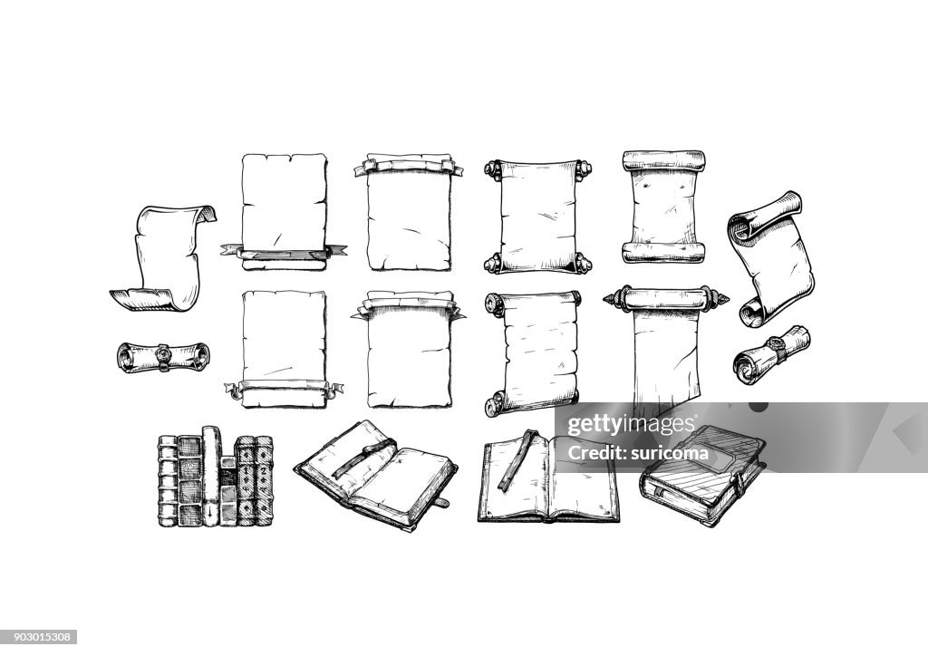 Scroll Design Book Old Scroll And Vintage Book Set High-Res Vector Graphic - Getty Images