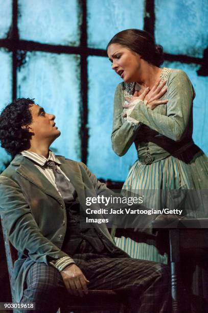 Mexican-born French tenor Rolando Villazon and Russian soprano Anna Netrebko perform during the final dress rehearsal of Act 1 of the Metropolitan...