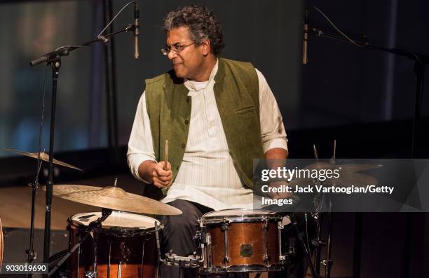 Indian musician Sameer Gupta plays drums as he performs with the Arun Ramamurthy Trio at South Asian Music and Arts Association's Indo-Jazz Festival...