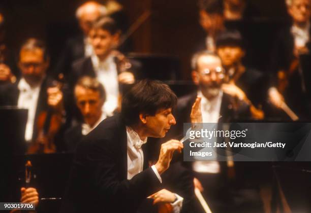 American conductor Michael Tilson Thomas leads the London Symphony Orchestra in the New York premiere of 'A Quiet Place' at Lincoln Center's Avery...
