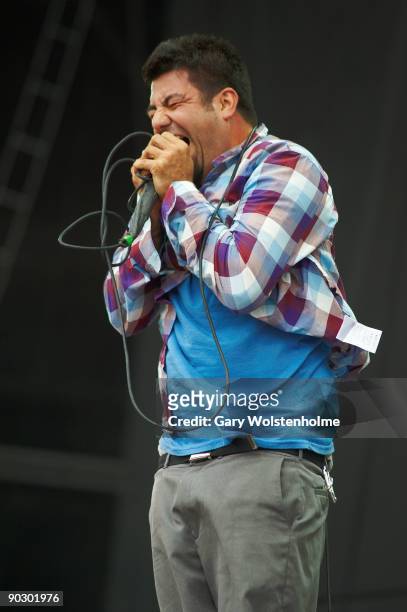 Chino Moreno of Deftones performs on stage on the last day of Leeds Festival at Bramham Park on August 30, 2009 in Leeds, England.