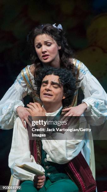 Russian soprano Anna Netrebko and Mexican-born French tenor Rolando Villazon perform during the final dress rehearsal of Act 2 of the Metropolitan...