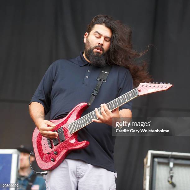 Stephen Carpenter of Deftones performs on stage on the last day of Leeds Festival at Bramham Park on August 30, 2009 in Leeds, England.