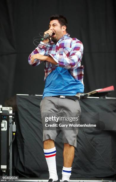 Chino Moreno of Deftones performs on stage on the last day of Leeds Festival at Bramham Park on August 30, 2009 in Leeds, England.