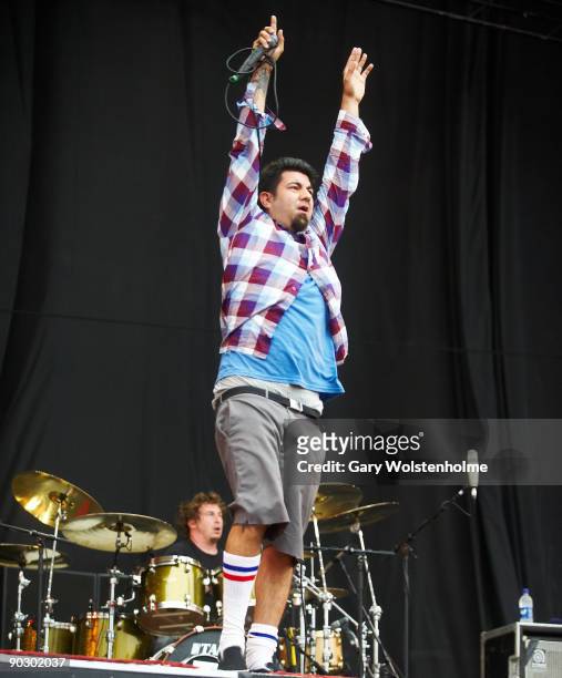 Chino Moreno of Deftones performs on stage on the last day of Leeds Festival at Bramham Park on August 30, 2009 in Leeds, England.