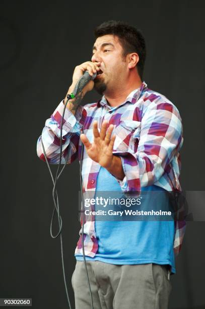 Chino Moreno of Deftones performs on stage on the last day of Leeds Festival at Bramham Park on August 30, 2009 in Leeds, England.