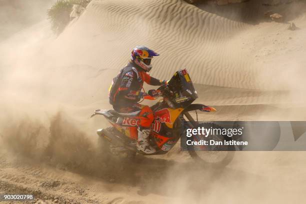 Toby Price of Australia and Red Bull KTM Team rides a 450 Rally Replica bike in the Elite ASO during stage four of the 2018 Dakar Rally, a loop stage...