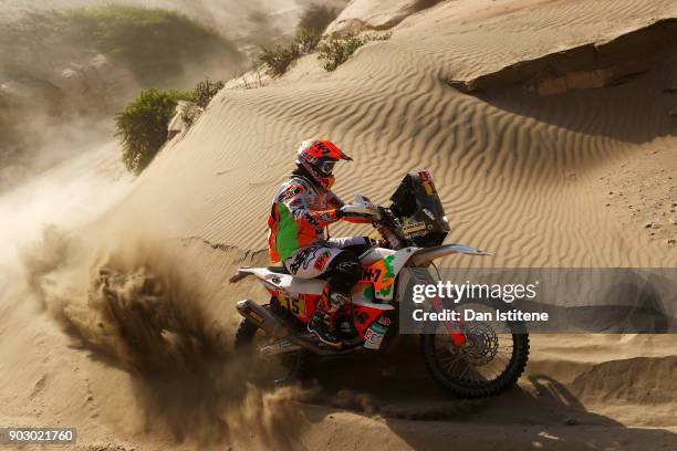 Laia Sanz of Spain and KTM rides a 450 Rally Replica KTM bike in the Elite ASO during stage four of the 2018 Dakar Rally, a loop stage to and from...