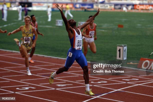 Kriss Akabusi of Great Britain wins the men's 400m hurdles at the 15th European Athletics Championships held in Split, Yugoslavia during August 1990....