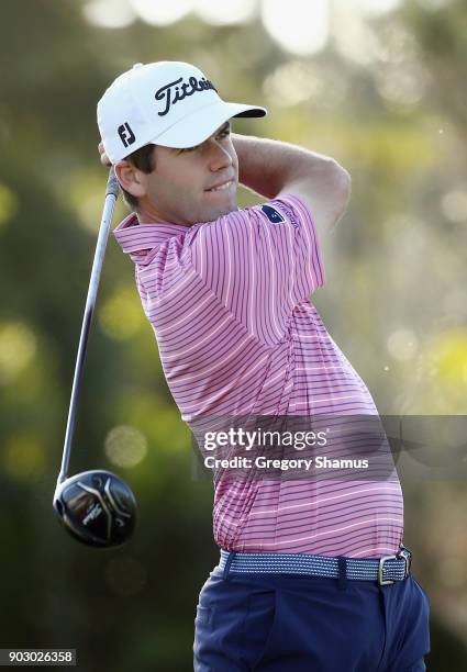 Ben Martin of the United States plays a shot during practice rounds prior to the Sony Open In Hawaii at Waialae Country Club on January 9, 2018 in...