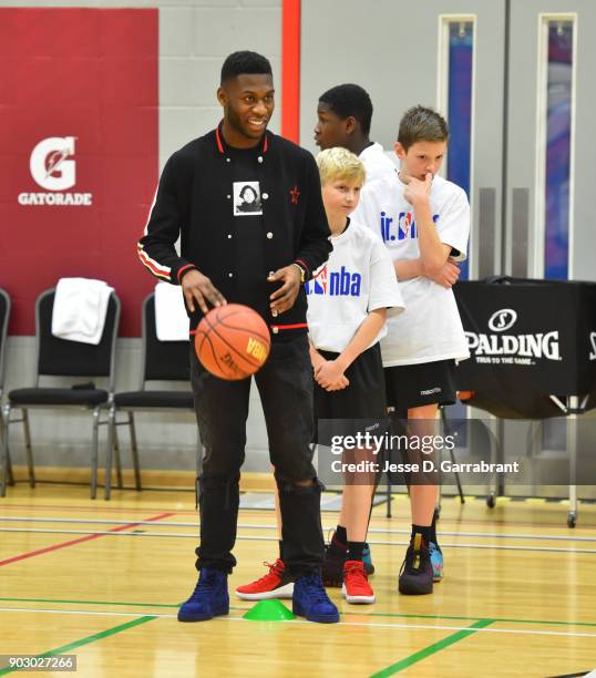 Jeffrey Schlupp of Crystal Palace football team looks on during an NBA Cares Clinic as part of the 2018 NBA London Global Game at Citysport on...