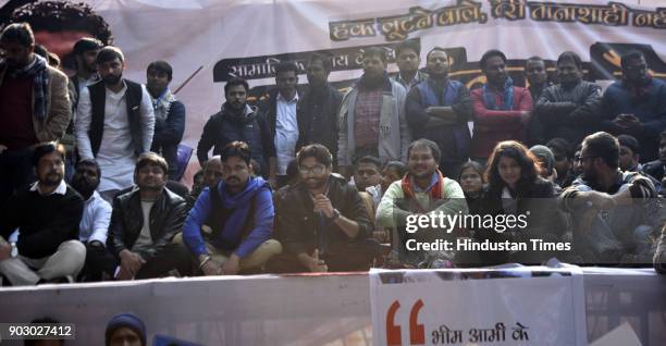 Kanhaiya Kumar, Vinay Ratan Singh of Bhim Army, Dalit leader and Gujarat lawmaker Jignesh Mevani with Akhil Gogoi, peasant leader and RTI activist...