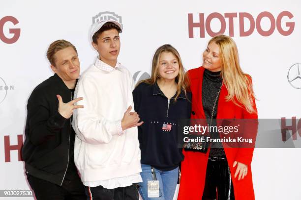 Matthias Schweighoefer, Lukas Rieger and Faye Montana and her mother Anne-Sophie Briest attend the 'Hot Dog' Premiere at CineStar on January 9, 2018...