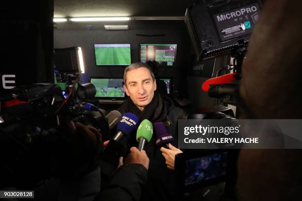 Technical Director of Refereeing in France Pascal Garibian speaks to journalists during a presentation of the Video Assistant Referee system before...