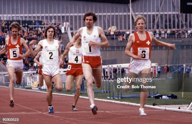Distance runner Brendan Foster of Great Britain in action in an athletics meeting at Crystal Palace, London, England during August 1979. .