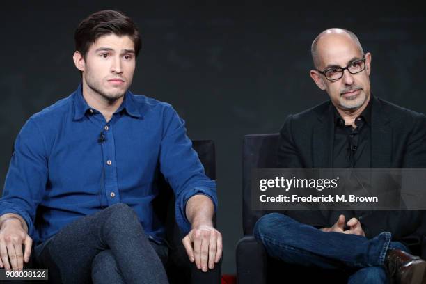 Actor Cameron Cuffe and executive producer David S. Goyer of 'Krypton' on Syfy speak onstage during the NBCUniversal portion of the 2018 Winter...