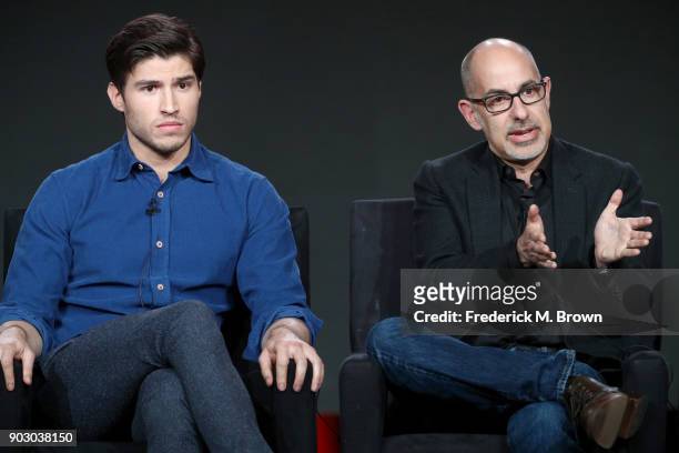 Actor Cameron Cuffe and executive producer David S. Goyer of 'Krypton' on Syfy speak onstage during the NBCUniversal portion of the 2018 Winter...