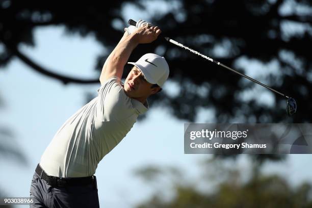 Cody Gribble of the United States plays a shot during practice rounds prior to the Sony Open In Hawaii at Waialae Country Club on January 9, 2018 in...