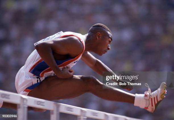 Colin Jackson of Great Britian, the eventual gold medallist in the men's 110m hurdles event, at the 15th European Athletics Championships held in...