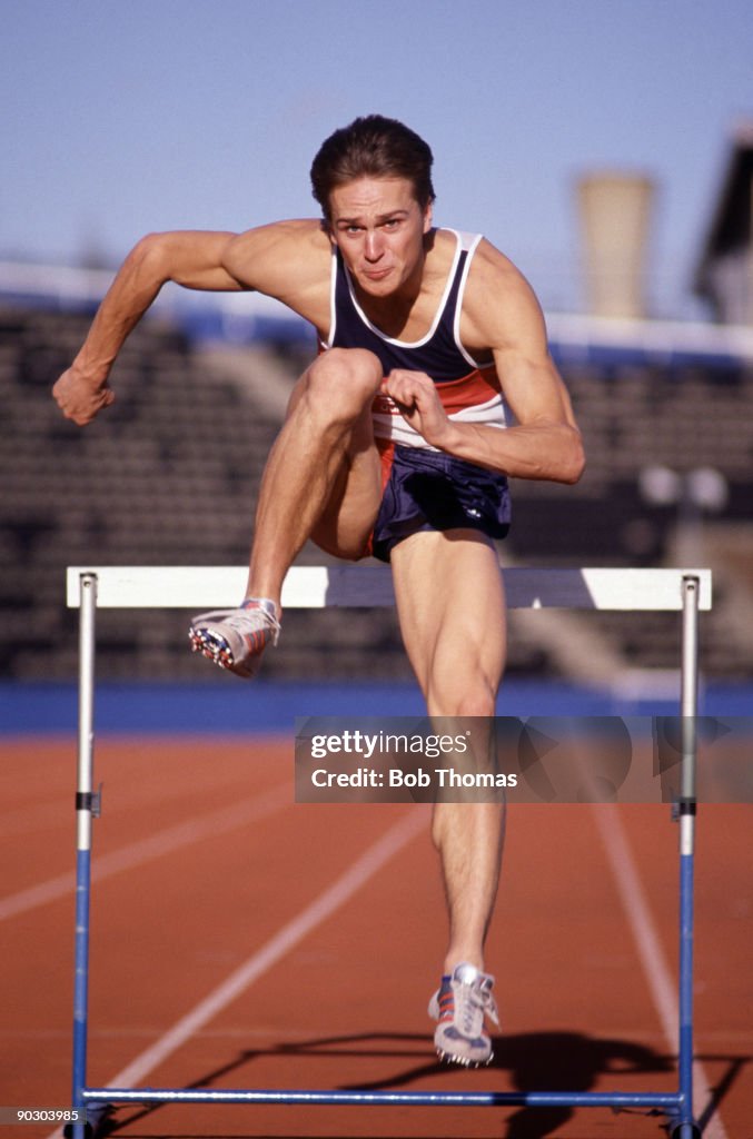 Jon Ridgeon of Great Britain in action in the men's 110m hurdles ...