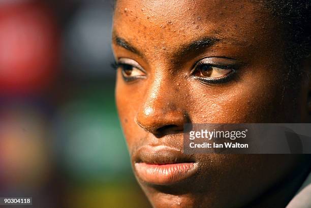 Eniola Aluko of England speaks to the press during a England Press Conference at the Turkul stadium on September 2, 2009 in Helsinki, Finland.