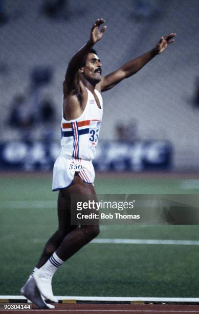 Daley Thompson of Great Britain after winning the men's decathlon at the 13th European Athletics Championships held at the Olympic Stadium in Athens,...