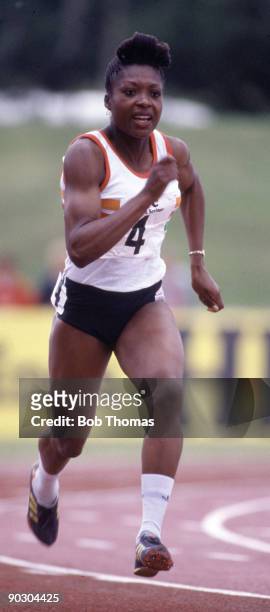 Joan Baptiste of Great Britain running in the women's 100m at the HFC UK Championships held in Cwmbran, Wales in May 1986. .