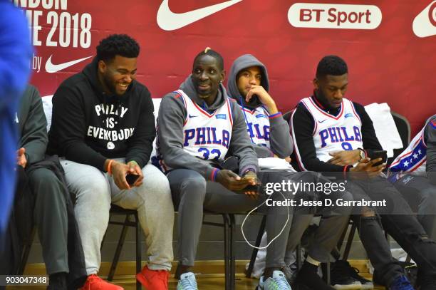 Mamdou Sakho, Timothy Fosu-Mensah, Ruben Loftus-Cheek, and Jeffrey Schlupp of Crystal Palace football team look on during practice as part of the...