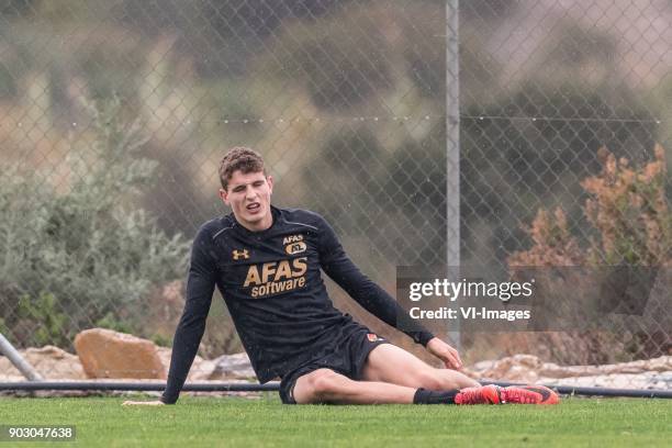 Guus Til of AZ is tired after a condition test during a training session of AZ Alkmaar at the La Elba Club Resort on January 09, 2018 in Estepona,...