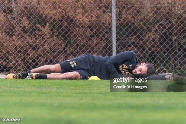 Pantelis Hatzidiakos of AZ is tired after a condition test during a training session of AZ Alkmaar at the La Elba Club Resort on January 09, 2018 in...