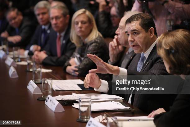 Rep. Henry Cuellar speaks during a meeting about immigration with U.S. President Donald Trump and Republican and Democrat members of Congress in the...