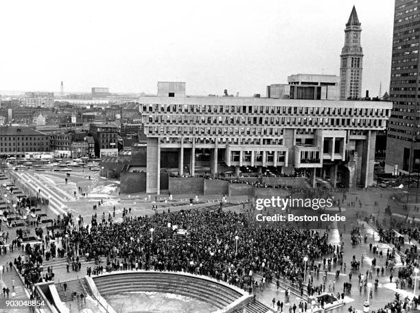 Demonstrators fill Government Center outside City Hall in Boston in protest of the verdict in the trial of the "Chicago seven" on Feb. 19, 1970. The...