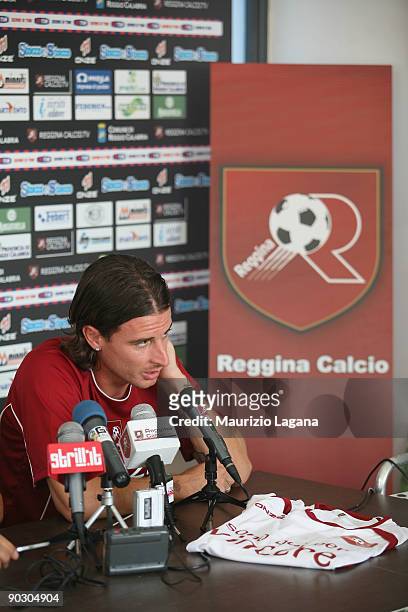Daniele Cacia speaks during a Reggina Calcio press conference at Sports Center Sant'Agata on September 2, 2009 in Reggio Calabria, Italy.