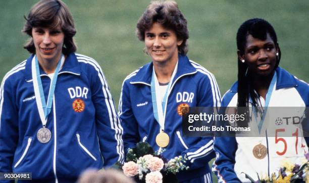 Marita Kock of East Germany, Marlies Gohr of East Germany and Diane Williams of the USA, medallists in the women's 100m event at the 1st World...