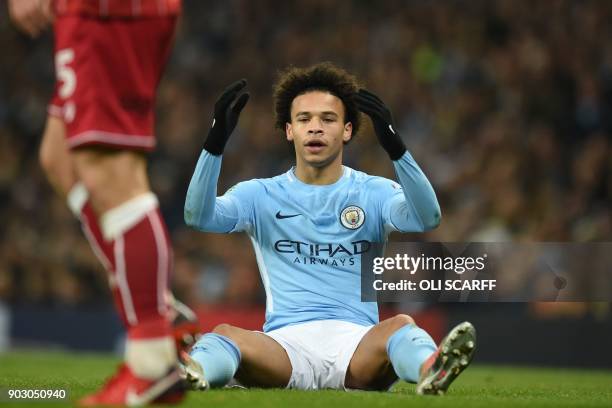 Manchester City's German midfielder Leroy Sane gestures during the English League Cup semi-final first leg football match between Manchester City and...